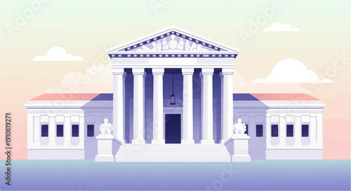 Grand neoclassical building with columns and pediment against a pastel sky