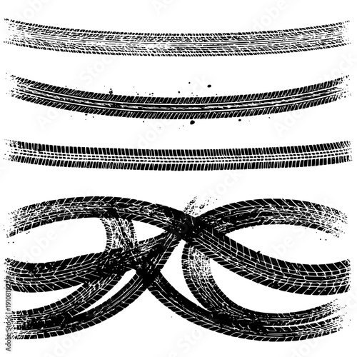 Tire tread marks after skidding, launch, drift, powerslide in motorsport, rally, off-road, motocross. Wheel texture with splash effect. Vector, transparent background SVG version.