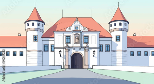 Grand, symmetrical white building with twin towers and red roofs