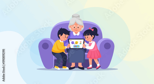 Grandmother and two children sharing a tablet, sitting on a sofa