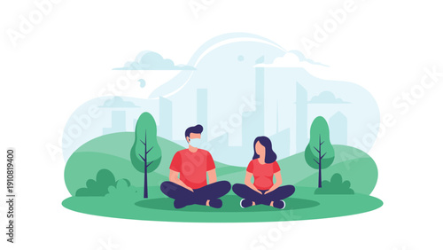 Couple wearing protective face masks sits on the grass in a park with a cityscape background representing safety during a pandemic.
