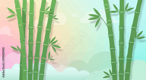 Green bamboo stalks with stylized clouds in soft pastel colors
