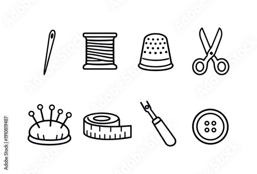 A set of essential sewing supplies including a needle, thread, thimble, scissors, pin cushion, measuring tape, seam ripper, and button
