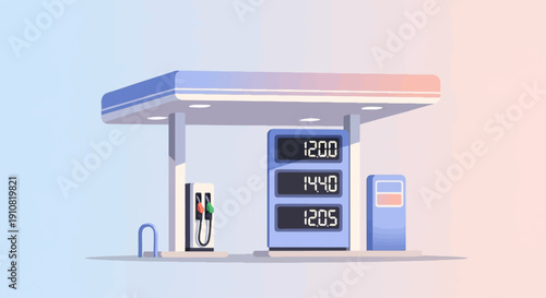 Minimalist pixel art of a gas station with digital price displays under a canopy