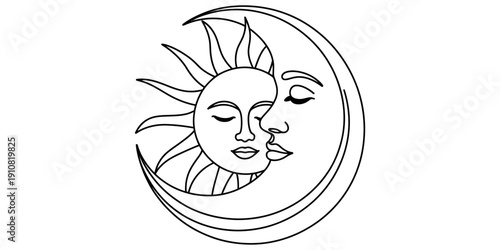 Celestial sun and crescent moon line art with serene faces and decorative rays