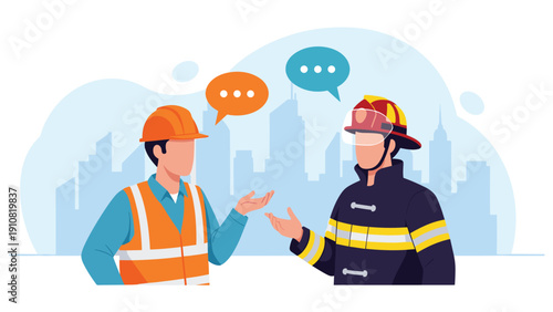 Construction worker and a firefighter in their professional uniforms stand in front of a city skyline while engaged in a conversation.