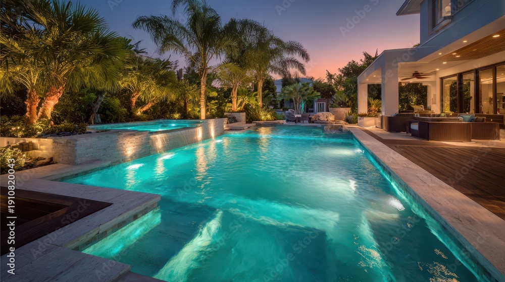 Fototapeta premium Upscale residential pool area featuring a private in-ground pool, tropical landscaping and tranquil reflections