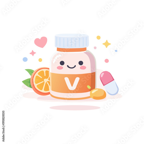 Vitamin Supplement Illustration With Cute Smiling Bottle And Pills. Cute Vitamin Bottle Character With Orange Slice And Health Concept