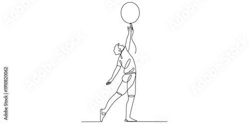 A simple line drawing of a person reaching up with one arm to touch a ball in the air