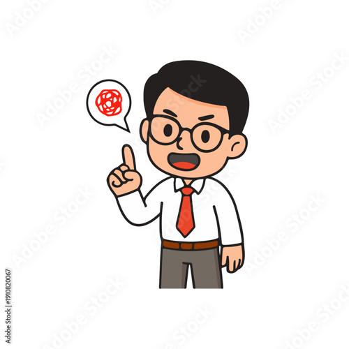 Male teacher explaining problem cartoon illustration. Man with glasses and red tie pointing up with confused scribble bubble.