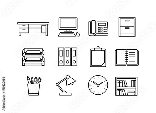 A set of simple black and white line drawings representing various office essentials, perfect for design projects