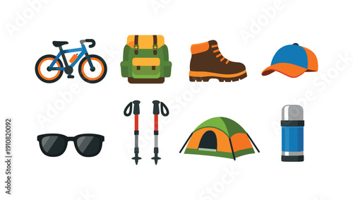 A flat design illustration featuring essential items for hiking, cycling, and camping expeditions