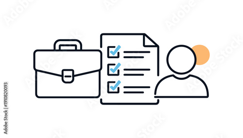 Conceptual illustration of a business process involving a checklist, briefcase, and a person icon, symbolizing recruitment or task completion