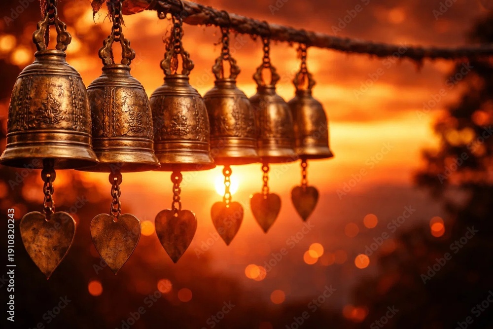 Obraz premium Golden Prayer Bells with Sunset Bokeh, Dramatic Spiritual Background