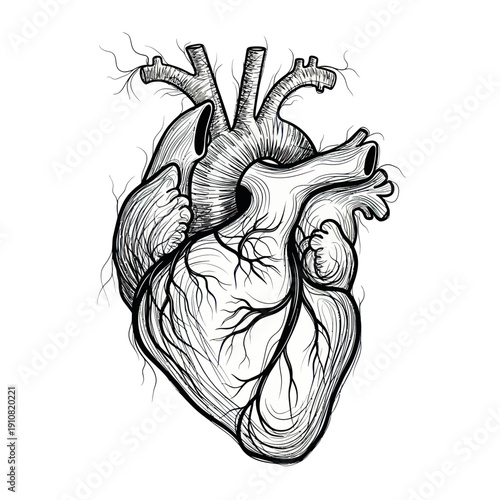 Anatomical Human Heart Drawing, Black and White Ink Sketch