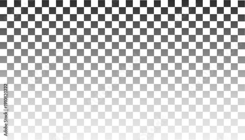 Checkered background with transparent grid pattern and soft gradient. Gray and white checker squares create seamless texture. Digital backdrop with geometric tiles for design templates.