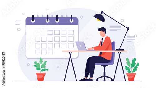 Professional man sits at a desk working on a laptop with a large purple wall calendar in the background to plan his schedule.