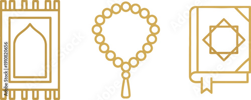 Golden Islamic Prayer Set: Minimalist Line Art of Prayer Mat, Tasbih and Holy Quran