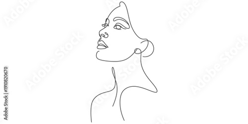 Minimalist continuous line drawing of a beautiful woman's face looking up towards the sky.