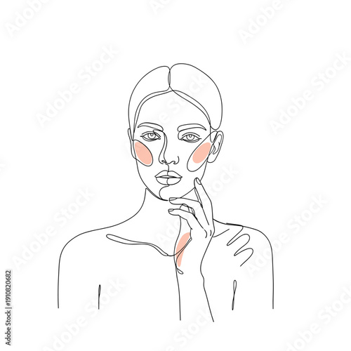 Minimalist line art portrait of a woman with blush accents on her cheeks and neck, showcasing a delicate and elegant aesthetic.