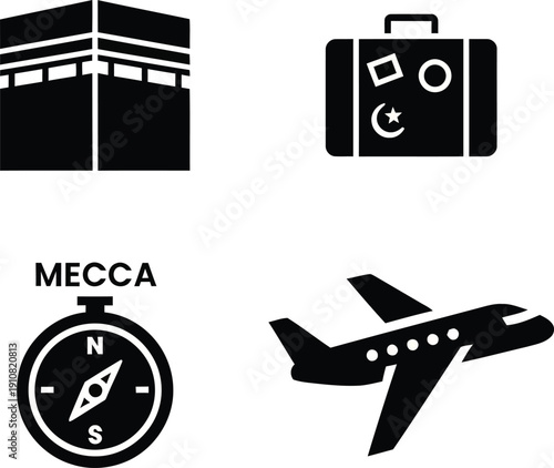 Hajj and Umrah Pilgrimage Icon Set: Kaaba, Travel Suitcase, Mecca Compass and Airplane