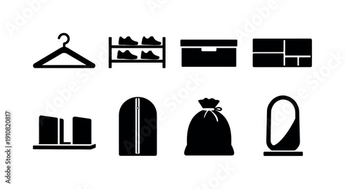 Set of black and white icons representing various storage solutions for home organization, including hangers, shoe racks, boxes, and bags