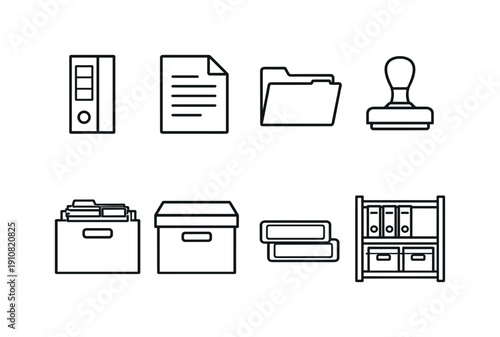 This set of icons features essential office and document management tools, including binders, folders, files, and storage solutions for a streamlined workflow