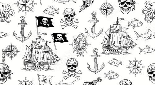 Pirate Ship and Skull Pattern: Nautical Adventure Seamless Background