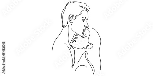 Minimalist line art drawing of a romantic couple in a gentle and intimate embrace