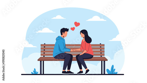 Young romantic couple sits on a park bench together while holding hands and showing affection with small red hearts in the blue sky.