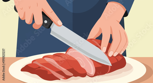 Hands slicing cooked meat on a white plate with a knife