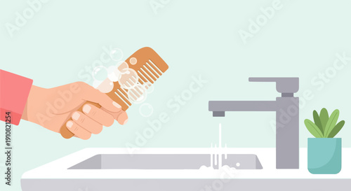 Hand cleaning a comb under a faucet with soap and bubbles