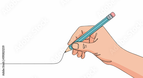 Hand drawing a simple wavy line with a blue pencil on a white background