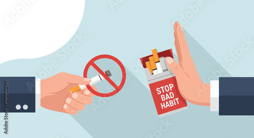 Hands showing a cigarette in a no-smoking sign and a pack labeled "stop bad habit