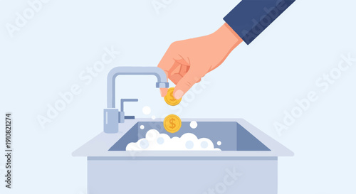 Hand dropping coins into a soapy sink with faucet
