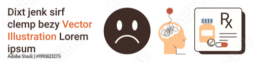 Mental health, therapy options, prescription medication, emotional well-being, depression treatment, medical services. Sad face, brain activity prescription icon. Mental health and therapy options