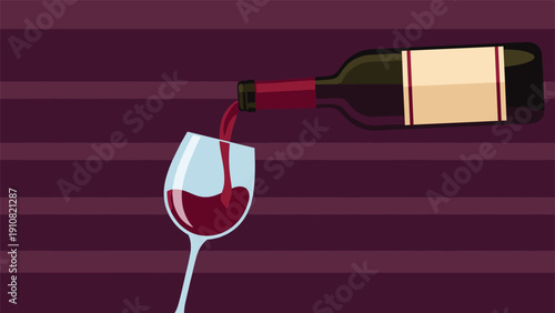 Red wine is poured from a dark glass bottle into a clear wine glass set against a modern purple striped background decoration for a menu.