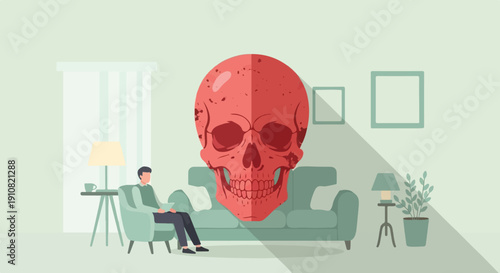 Man sitting in living room with large red skull looming behind sofa