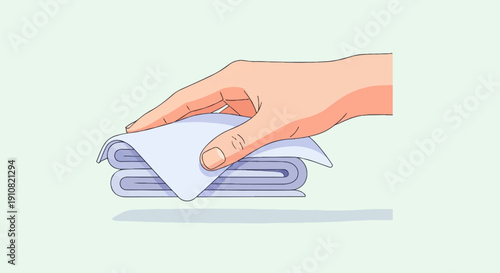 Hand folding a light blue cloth, casting a shadow