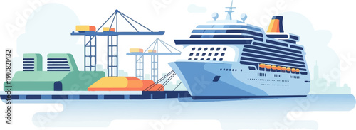 Large cruise ship docked at a vibrant, modern port with cranes