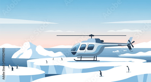 Helicopter lands on icy landscape with penguins under a pastel sky