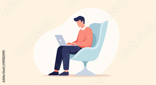 Man sitting in a modern chair, working on a laptop