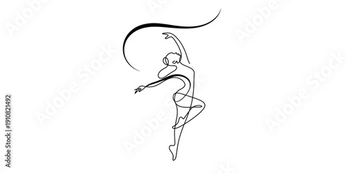 Minimalist line art illustration of a rhythmic gymnast performing with a flowing ribbon
