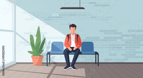 Man sitting alone in a waiting area with a plant and light casting shadows