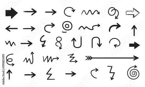 Collection of diverse hand-drawn arrows providing direction, movement, and navigation, ideal for infographics, user interfaces, or instructional designs