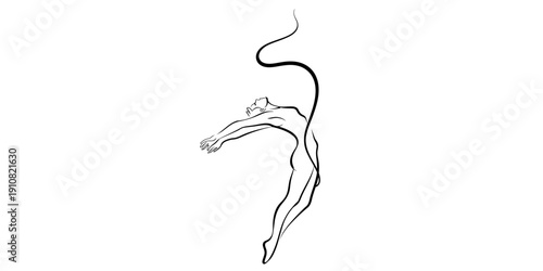 A minimalist line drawing of a gymnast performing with a long ribbon against a white background.