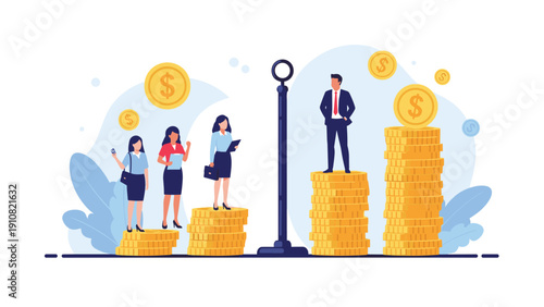 Infographic illustrating gender pay inequality shows women on small coin stacks while a man stands high on a much larger pile of gold coins.