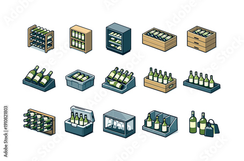 Various containers and racks showcase wine bottles in different settings, from cellars to retail displays