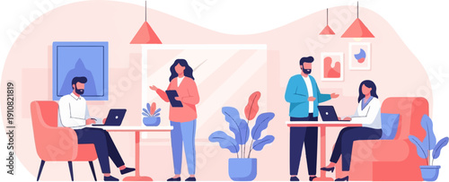 Modern office scene with people working on laptops