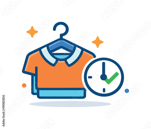 A stylized illustration shows clean garments on a hanger next to a clock with a checkmark, symbolizing fast and efficient laundry solutions